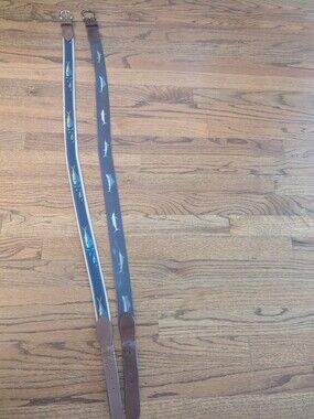 2 Belt w/Leather Tab Zep-pro Thomas Bates Novelty Fishing Motif Cloth Belt sz 40